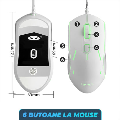 Kit Tastatura, Mouse Gaming RGB, 104 Taste Subtiri cu Functii Multimedia, Alb