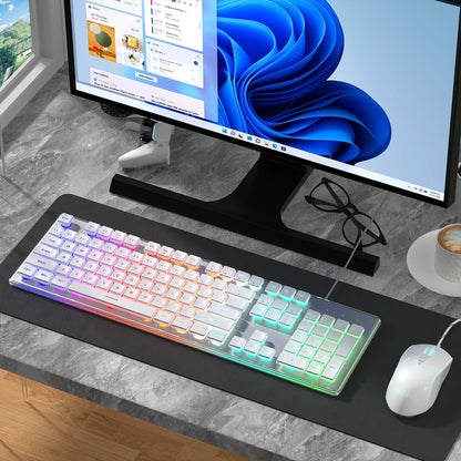 Kit Tastatura, Mouse Gaming RGB, 104 Taste Subtiri cu Functii Multimedia, Alb
