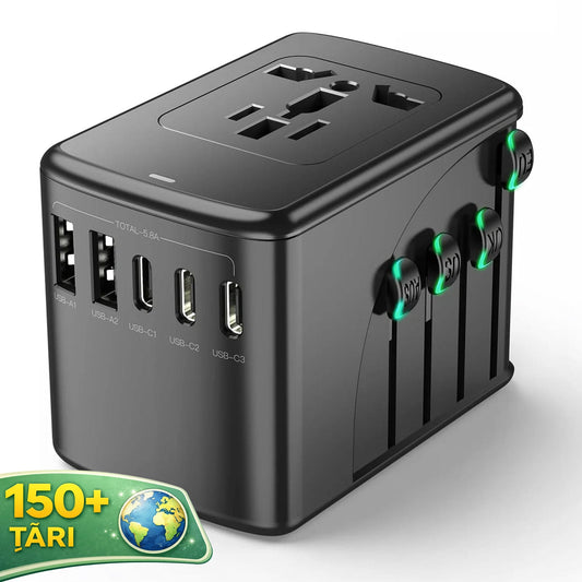 Adaptor incarcator universal priza de calatorie Timebox, 2 x USB, 3 x Type-C, Negru