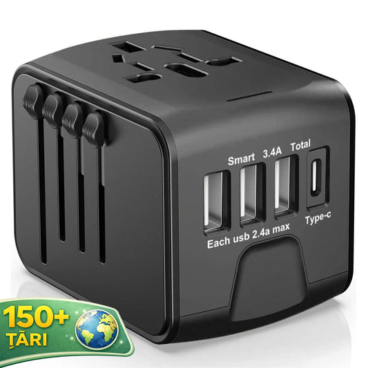Adaptor incarcator universal priza de calatorie Timebox, 3 x USB, 1 x Type-C, Negru