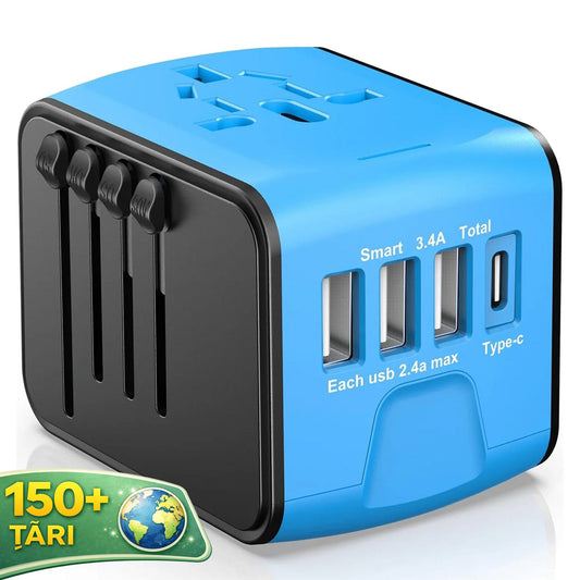 Adaptor incarcator universal priza de calatorie Timebox, 3 x USB, 1 x Type-C, Albastru