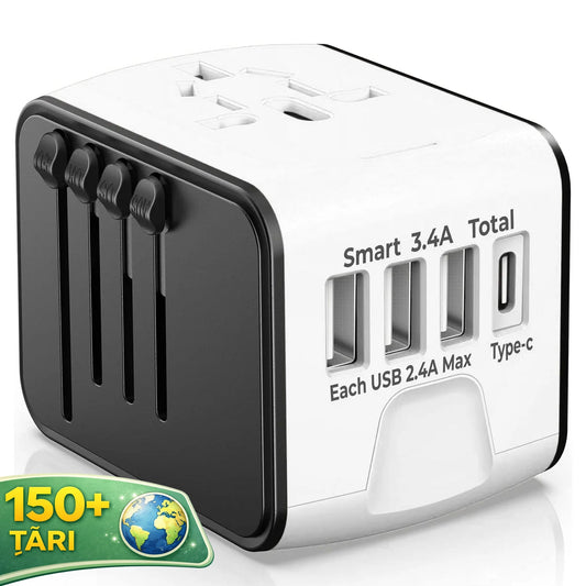 Adaptor incarcator universal priza de calatorie Timebox, 3 x USB, 1 x Type-C, Alb