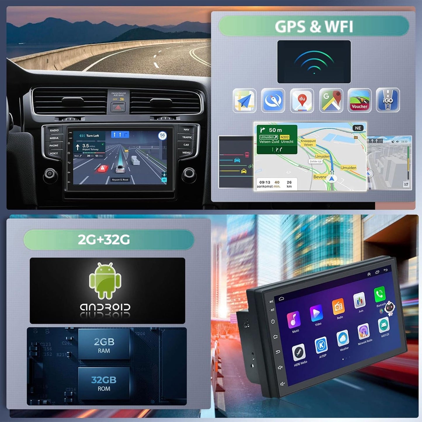 Navigatie Auto Timebox, Apple CarPlay, Android Auto, 2G+32G, Wireless, 2 x USB