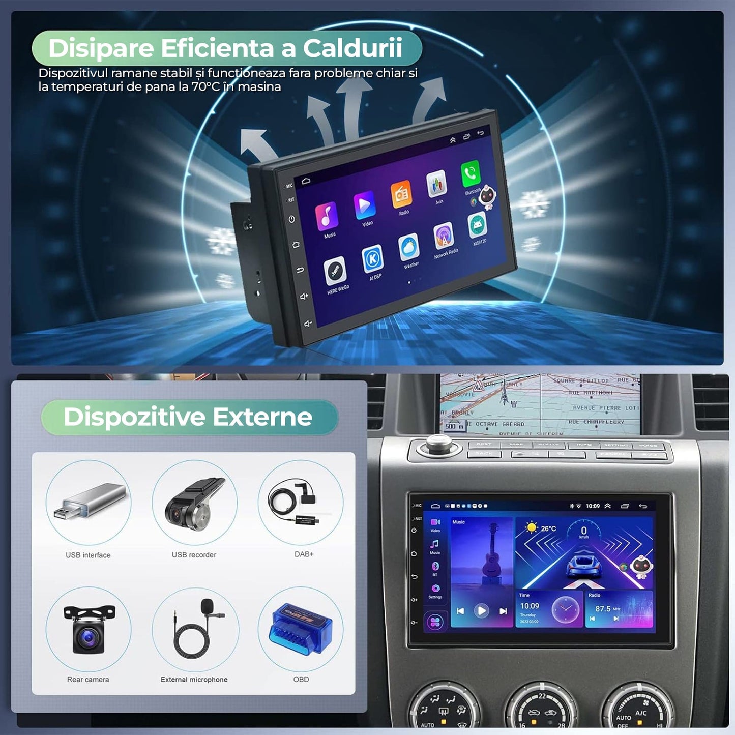 Navigatie Auto Timebox, Apple CarPlay, Android Auto, 2G+32G, Wireless, 2 x USB