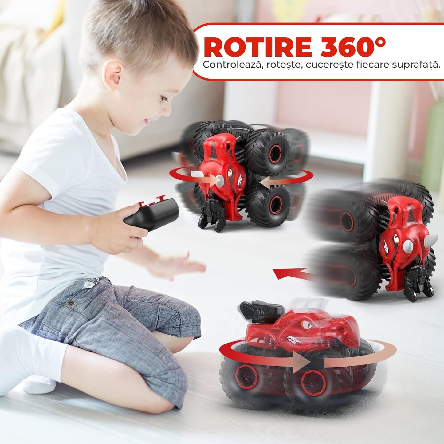 Masina cu telecomanda RC Timebox, 4x4, Dinozaur Monster Truck, lumini LED, Rosu