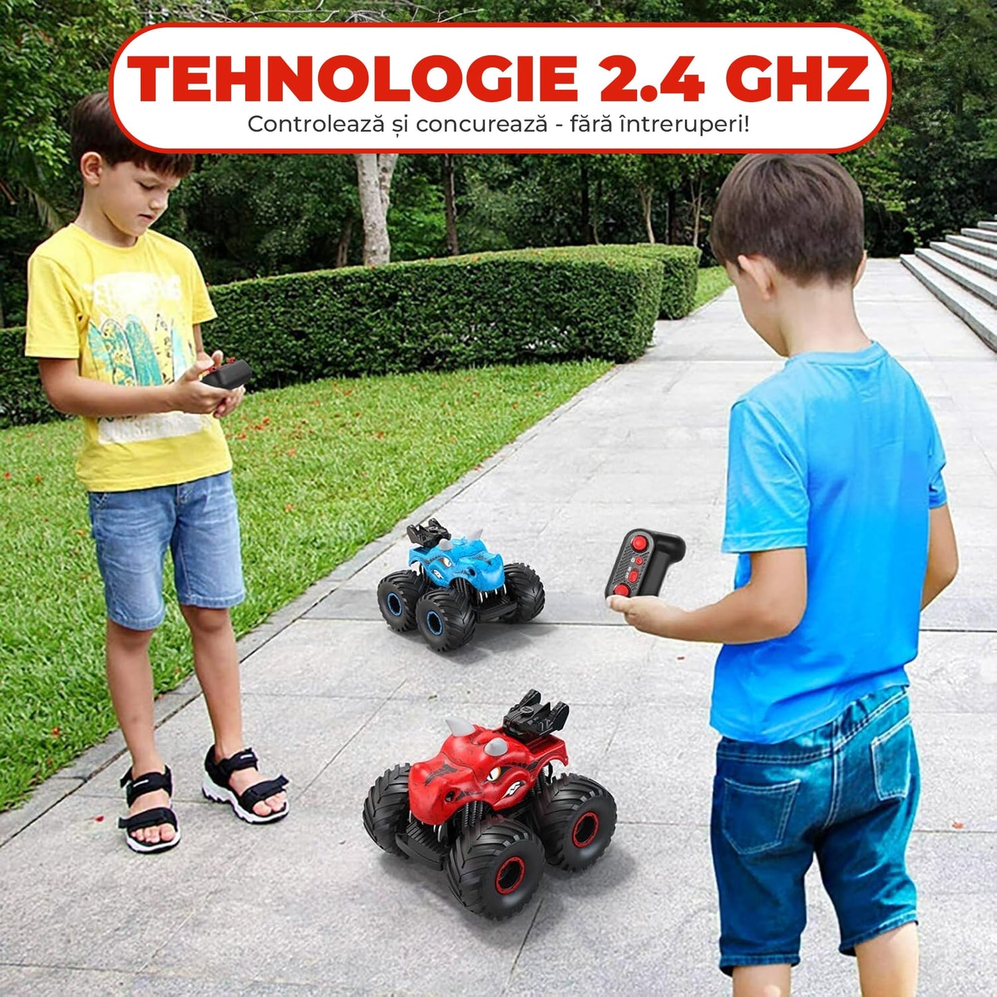 Masina cu telecomanda RC Timebox, 4x4, Dinozaur Monster Truck, lumini LED, Rosu