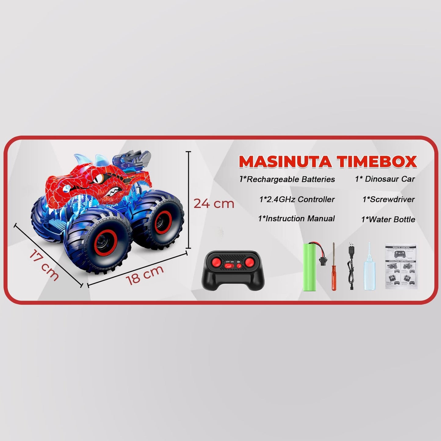 Masina cu telecomanda RC Timebox, 4x4, Dinozaur Monster Truck, lumini LED, Rosu