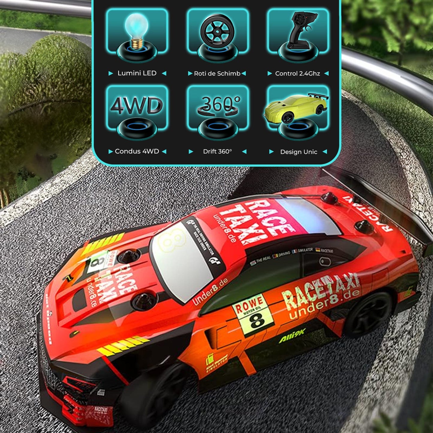 Masina cu telecomanda RC Timebox, 30km/h, 1:20, Drift car, lumini LED, Rosu