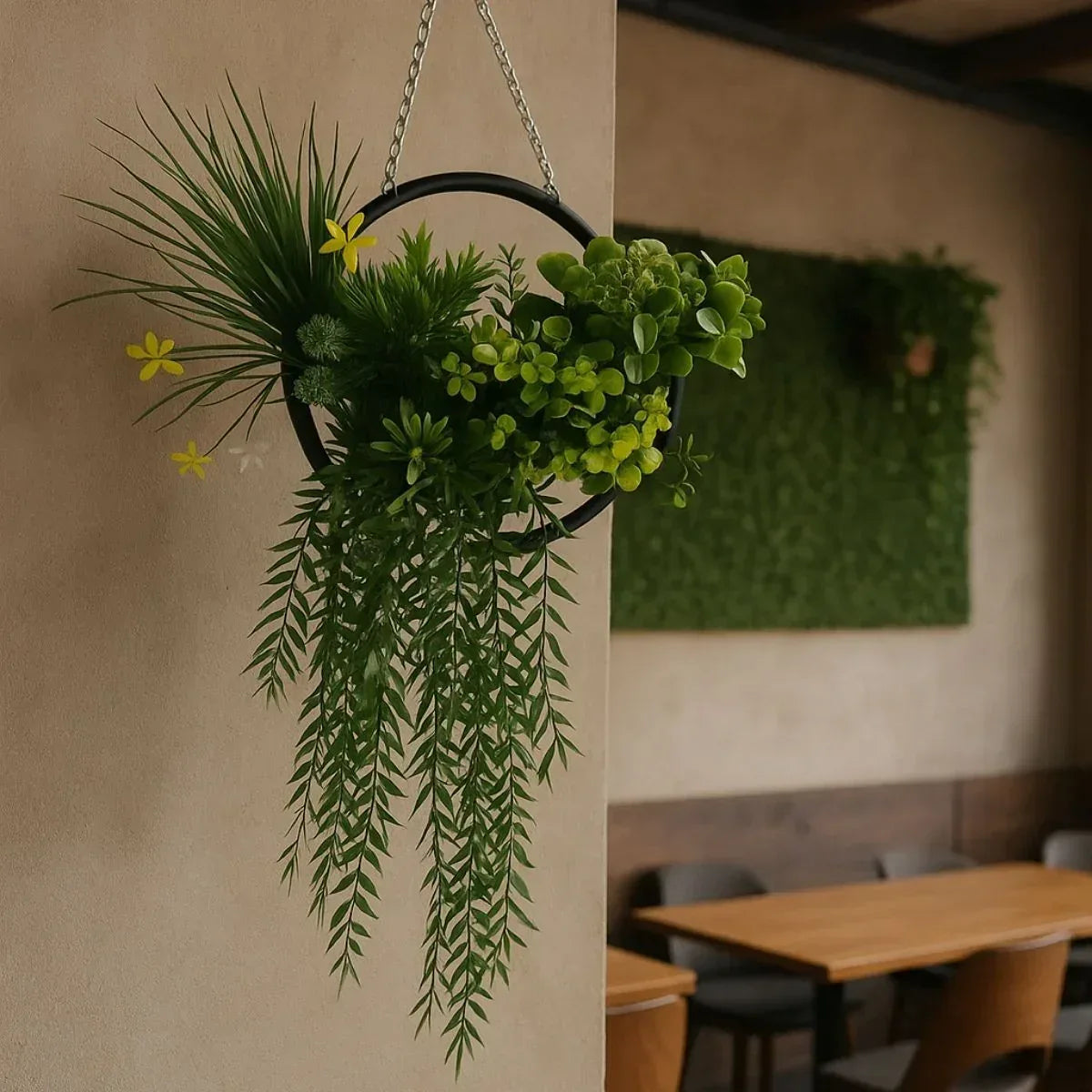 Aranjament Suspendat cu Plante Artificiale pe Disc Decorativ Negru, Naimeed D7447, diametru 30 cm