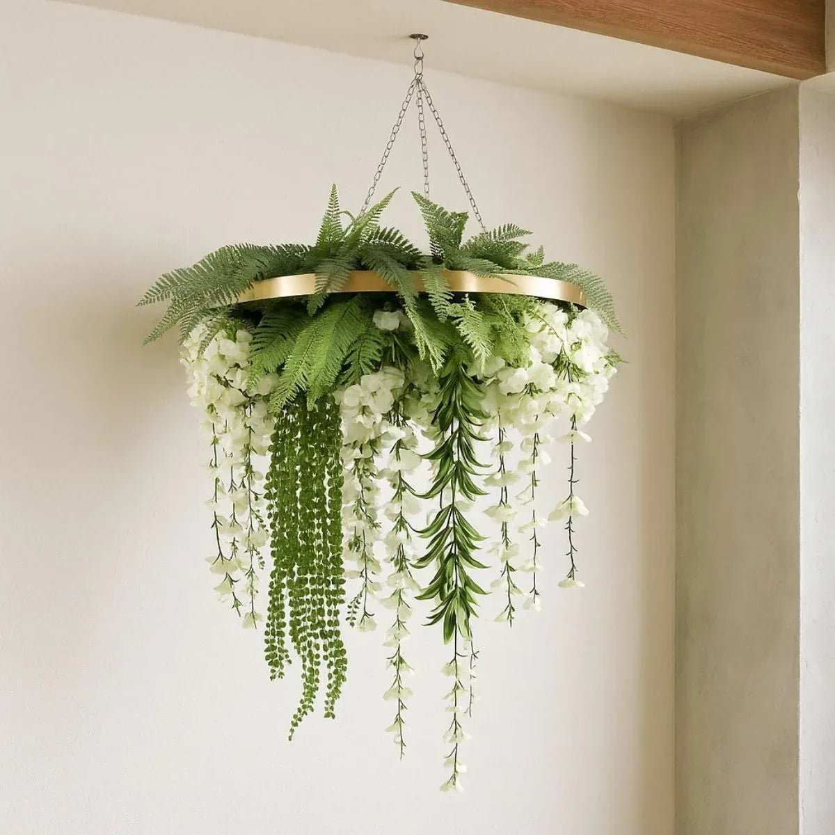 Aranjament Suspendat cu Plante Artificiale pe Disc Decorativ Negru, Naimeed D7447, diametru 30 cm
