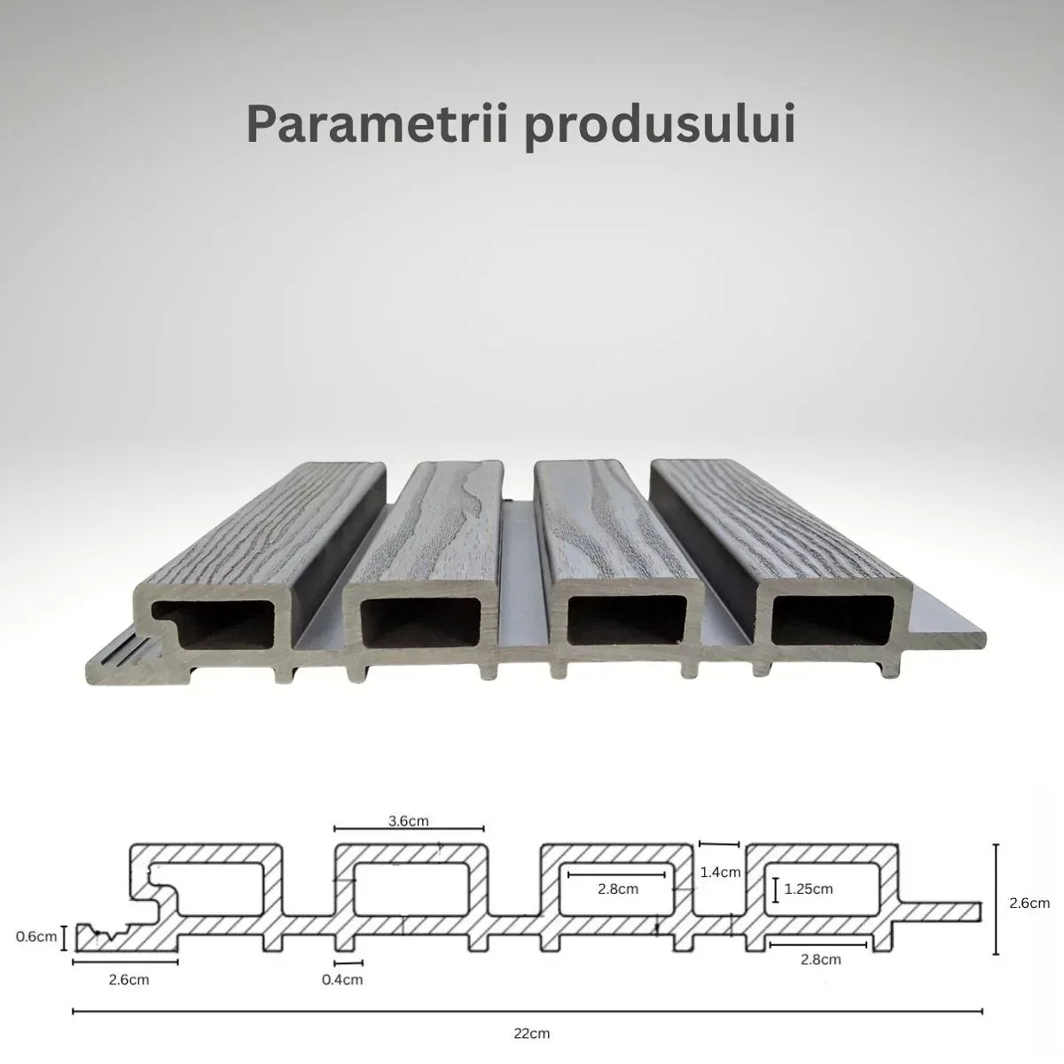 Lambriu decorativ WPC, reliefat, pentru exterior, montaj rapid, rezistenta ridicata, Naimeed D7491, 280x22x2.6cm, Stejar gri