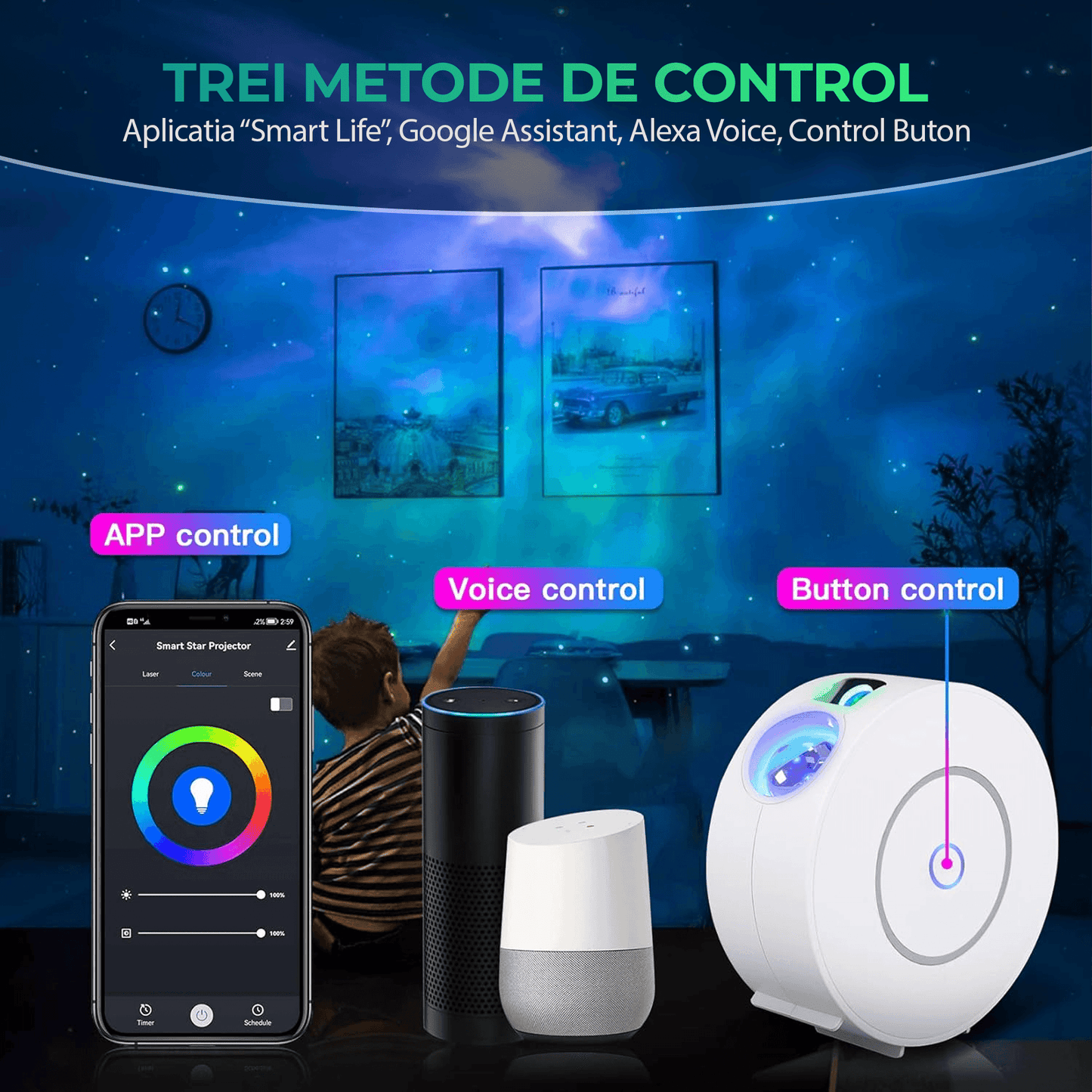 Lampa de veghe tip proiector stele cu aplicatie pe telefon