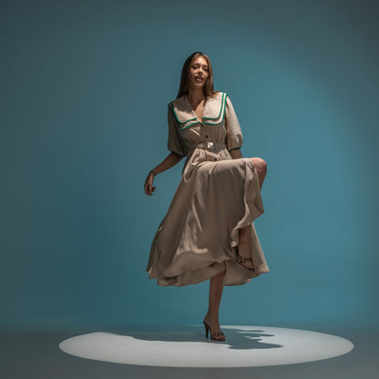Rochie camasa din in crem si insertii din matase verde Gilly