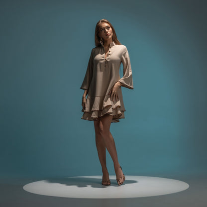 Rochie scurta babydoll din in cu volane si insertii animal print Ruth
