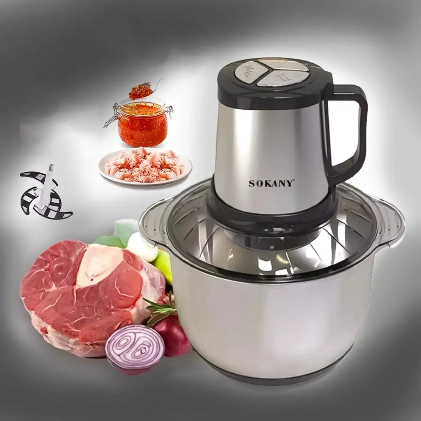 Tocator electric Sokany SK-7015, 4 lame din otel inoxidabil de inalta calitate, 800 W, 4.5L, recipient din Inox, Negru/Inox