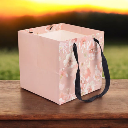 Sacoșă pătrată cu mesaj și mâner textil - roz (set 10 buc) 27.5x27.5cm