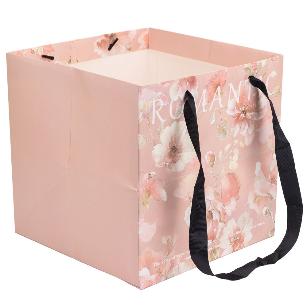 Sacoșă pătrată cu mesaj și mâner textil - roz (set 10 buc) 27.5x27.5cm
