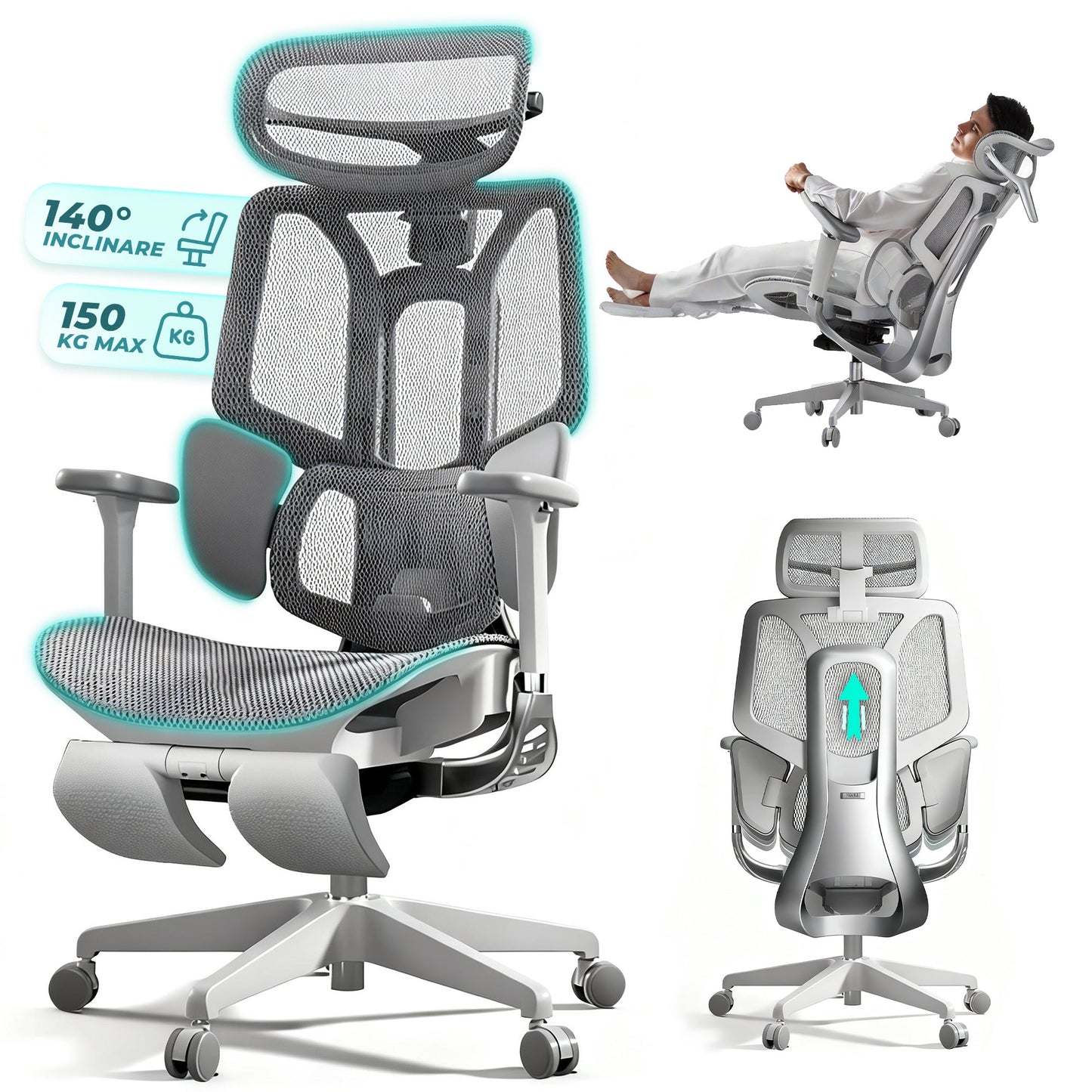 Scaun Ergonomic Timebox, Mesh Tetiera 4D Brate 4D Suport Picioare, Gri