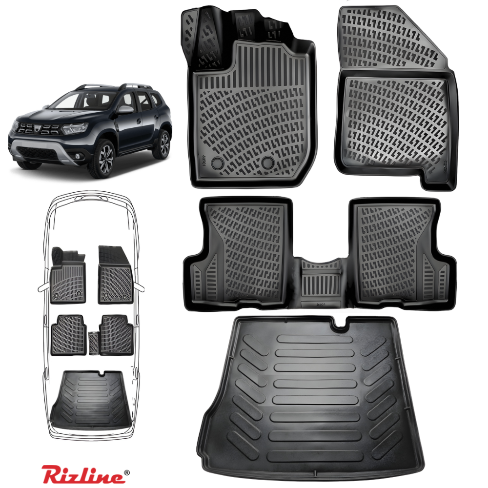 Set complet Rizline Dacia Duster 2018–2022 4x2 Prestige – Covorașe față, spate și tăviță portbagaj