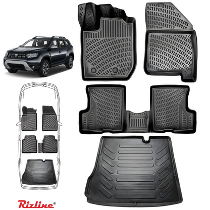 Set complet Rizline Dacia Duster 2018–2022 4x2 Prestige – Covorașe față, spate și tăviță portbagaj