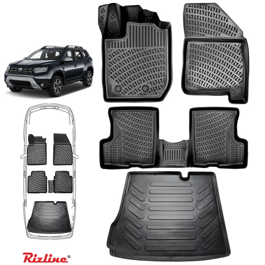 Set complet Rizline Dacia Duster 2018–2022 4x2 Prestige – Covorașe față, spate și tăviță portbagaj