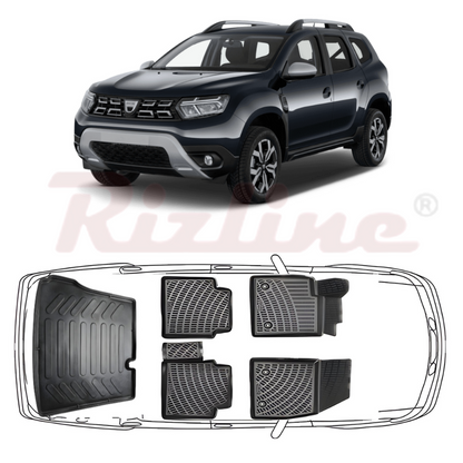 Set complet Rizline Dacia Duster 2018–2022 4x2 Prestige – Covorașe față, spate și tăviță portbagaj