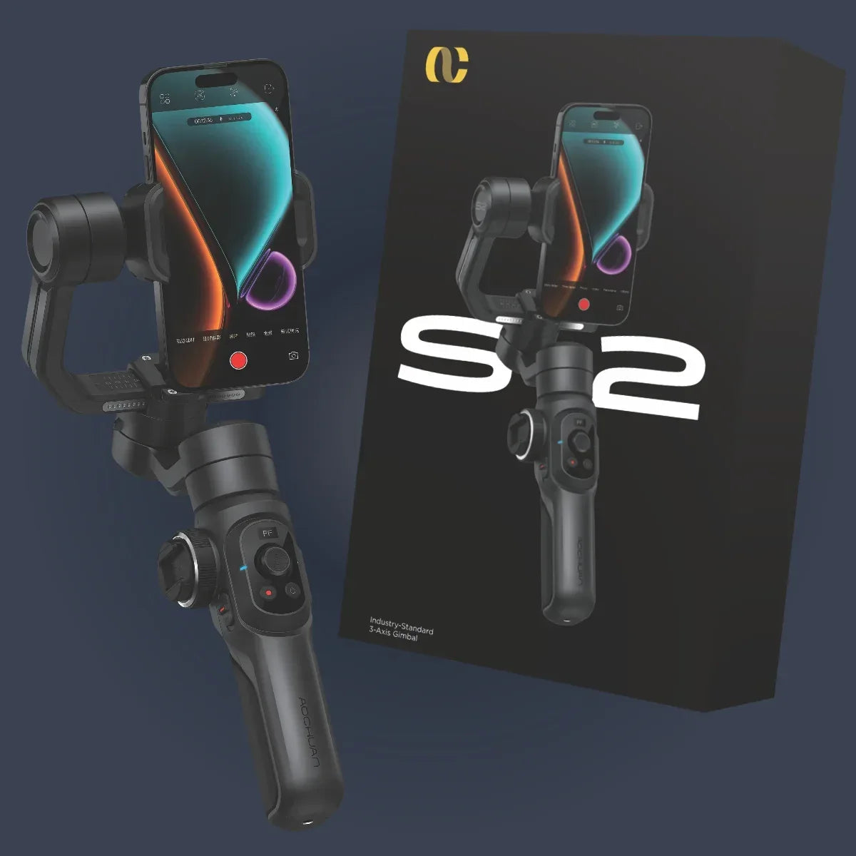 Gimbal Aochuan SMART S2, D6733, cu 3 axe, aplicatie dedicata, Content Creator Edition, Negru Mat