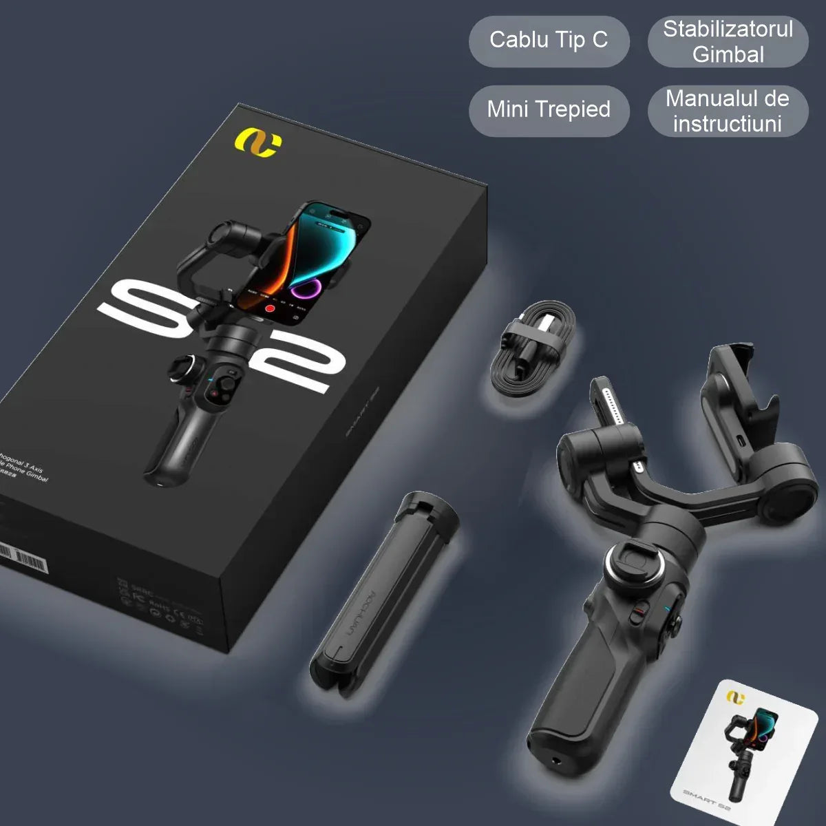 Gimbal Aochuan SMART S2, D6733, cu 3 axe, aplicatie dedicata, Content Creator Edition, Negru Mat