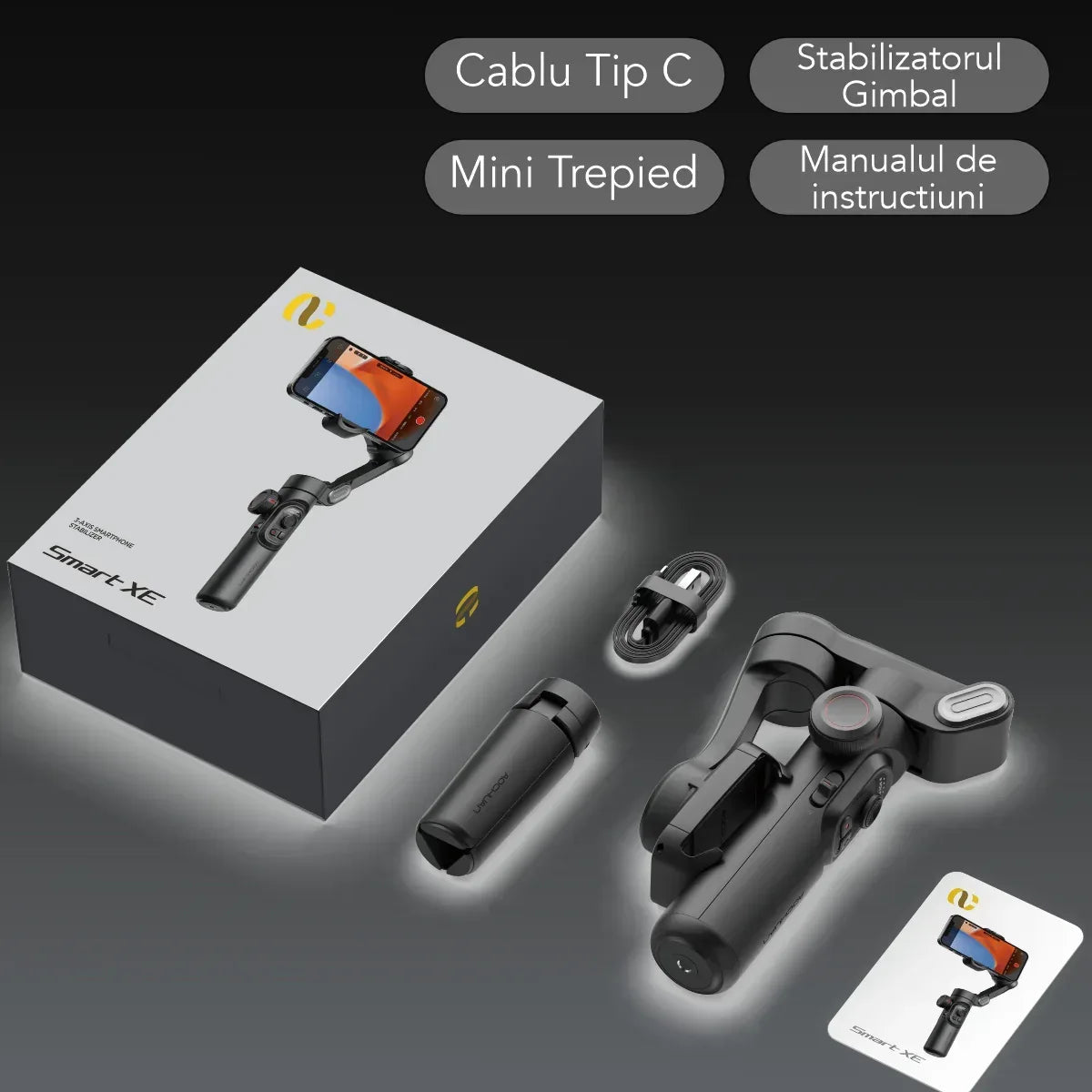 Gimbal Aochuan SMART XE, D6730, cu 3 axe, aplicatie dedicata, Content Creator Edition, Negru Mat