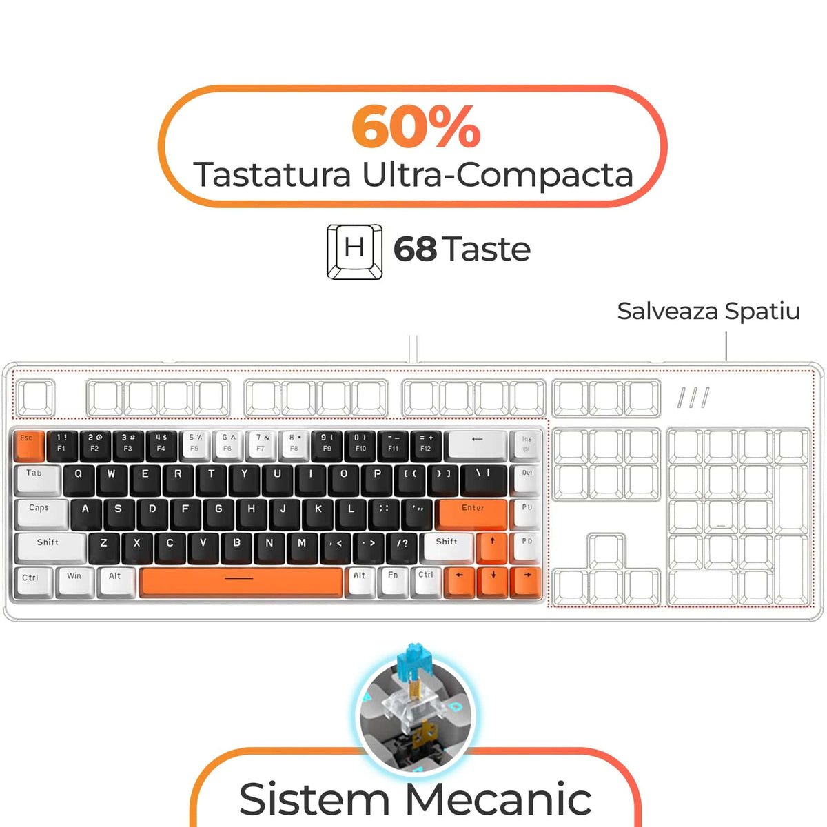 Tastatura Mecanica Gaming Timebox, Blue Switch, 60%, Lumini LED, Portocaliu