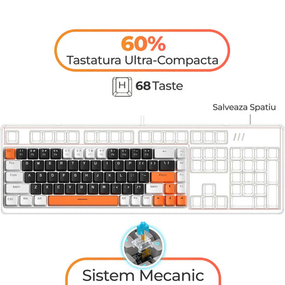 Tastatura Mecanica Gaming Timebox, Blue Switch, 60%, Lumini LED, Portocaliu