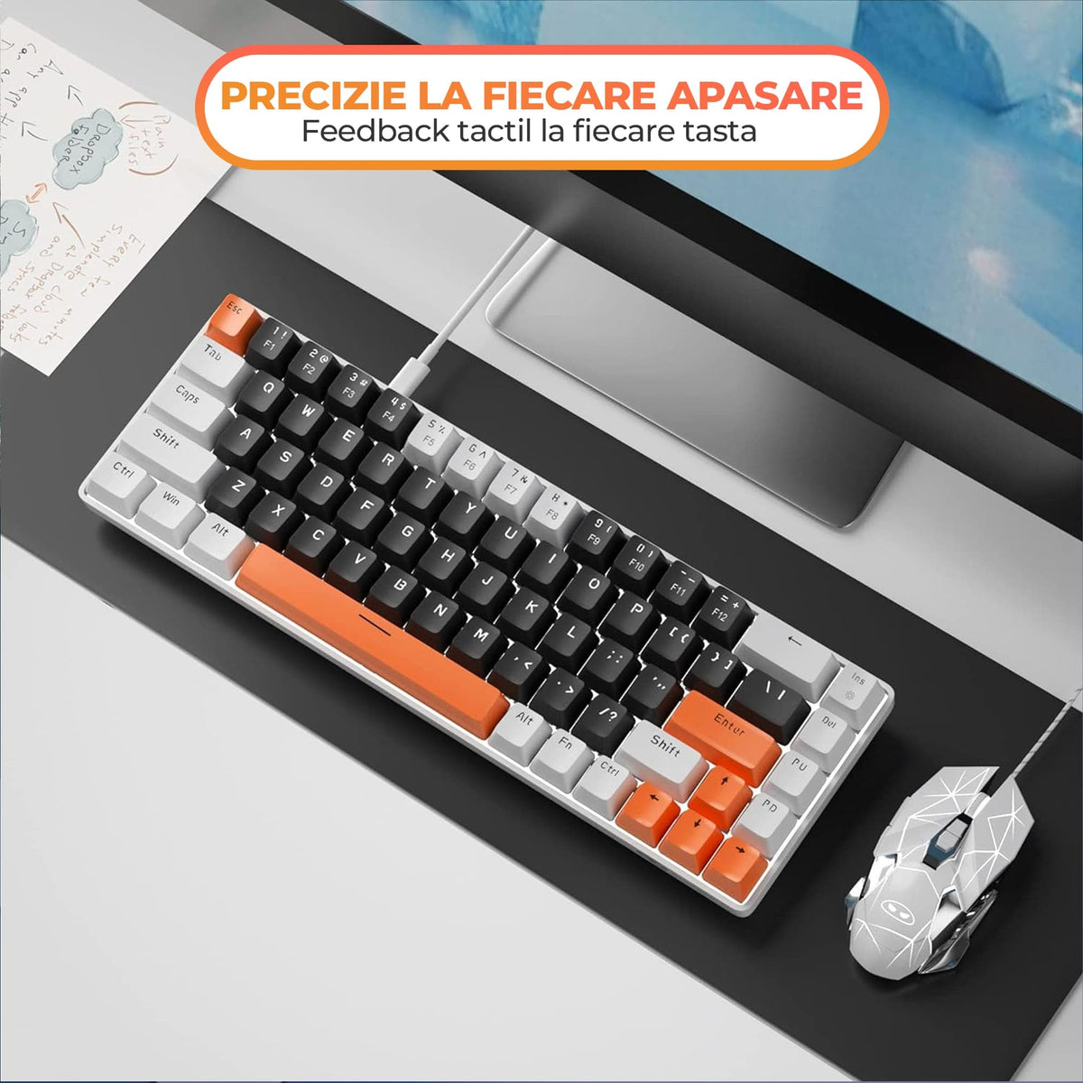 Tastatura Mecanica Gaming Timebox, Blue Switch, 60%, Lumini LED, Portocaliu