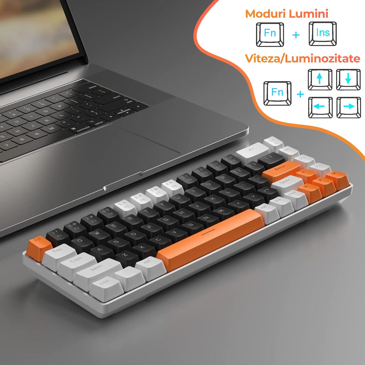 Tastatura Mecanica Gaming Timebox, Blue Switch, 60%, Lumini LED, Portocaliu