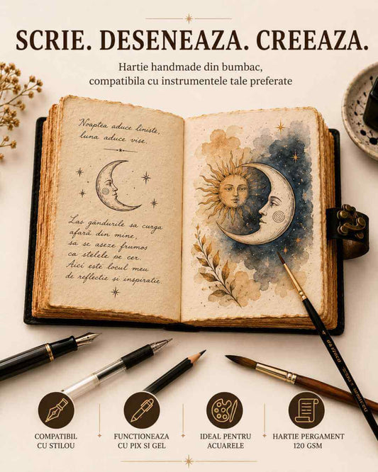Jurnal Vintage din Piele cu Design Soare și Lună - Manual, cu Pagini de Hârtie Bumbac Galben 190-200 Pagini