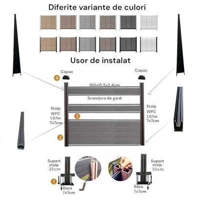 Placa de gard 3D, din compozit de lemn si plastic WPC, Naimeed D6474, 180x15,5x2.4cm, Gri