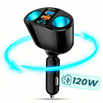 Adaptor priza auto multiplicator 120 W Timebox, 2x soclu auto, 2 x USB, Negru