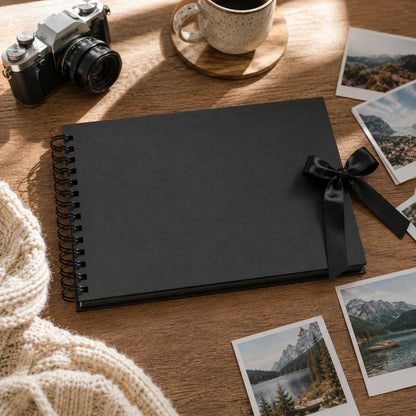 Album foto dreptunghiular cu spirală și panglică satin - Negru