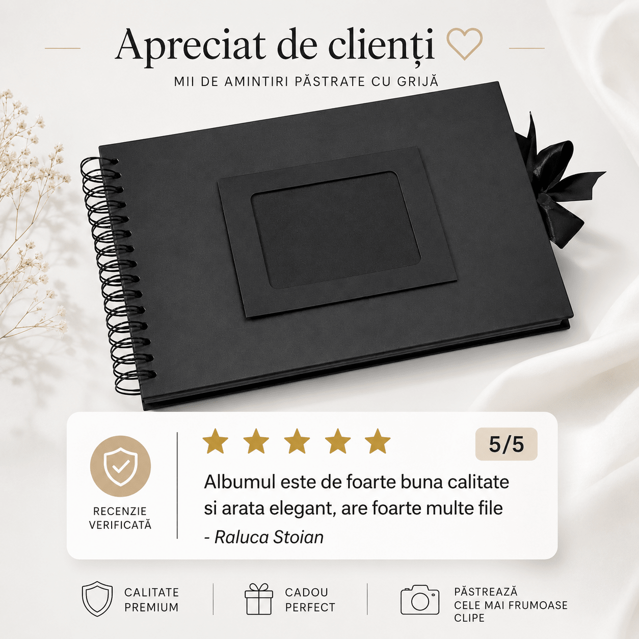 Album Foto Tip Scrapbook cu Spirală și Închidere Panglică