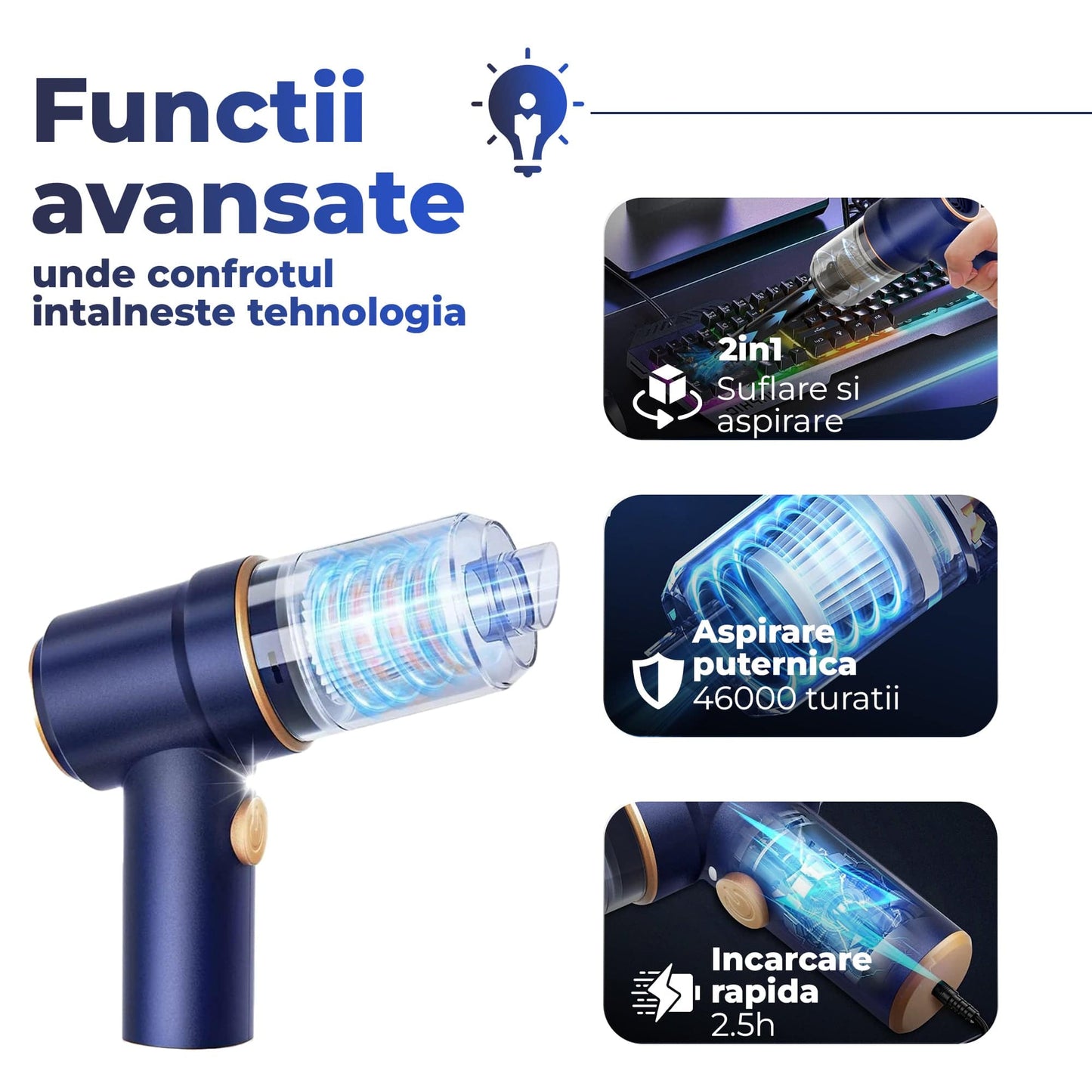 Aspirator Auto Portabil Timebox, 2 in 1 cu Functie de Suflanta, 9000PA, 120W
