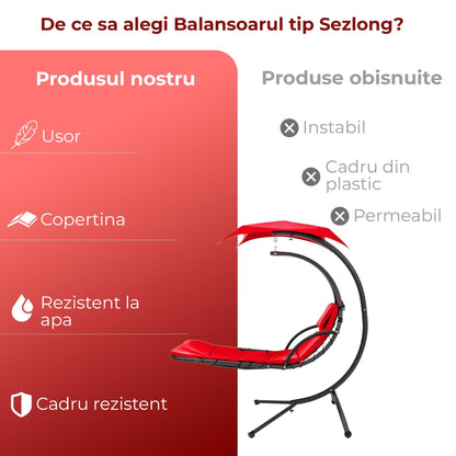 Balansoar tip Sezlong Suspendat de Exterior cu Copertina, Perna Ergonomica, Rosu