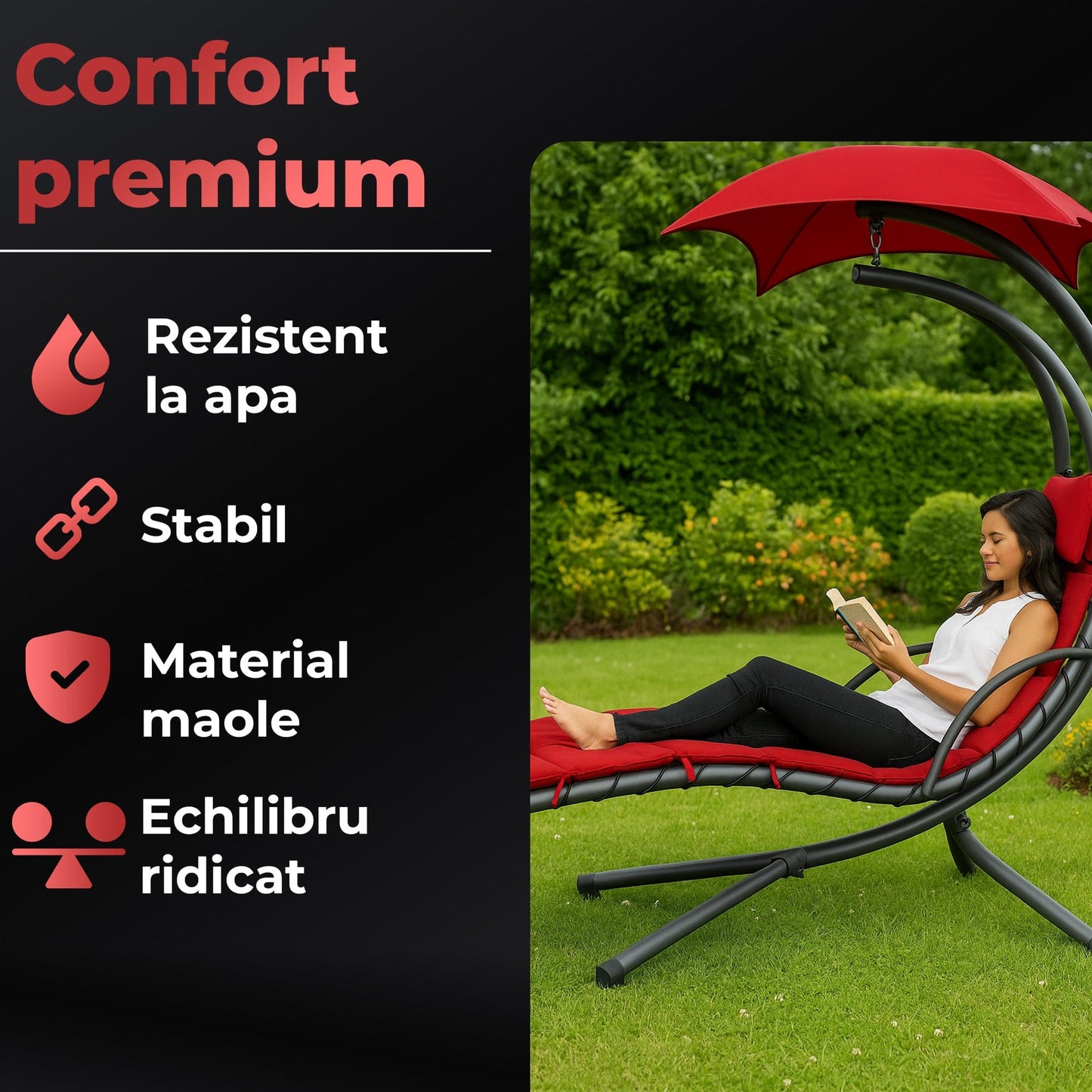 Balansoar tip Sezlong Suspendat de Exterior cu Copertina, Perna Ergonomica, Rosu