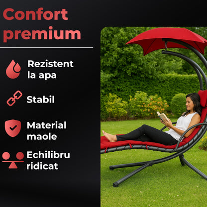 Balansoar tip Sezlong Suspendat de Exterior cu Copertina, Perna Ergonomica, Rosu