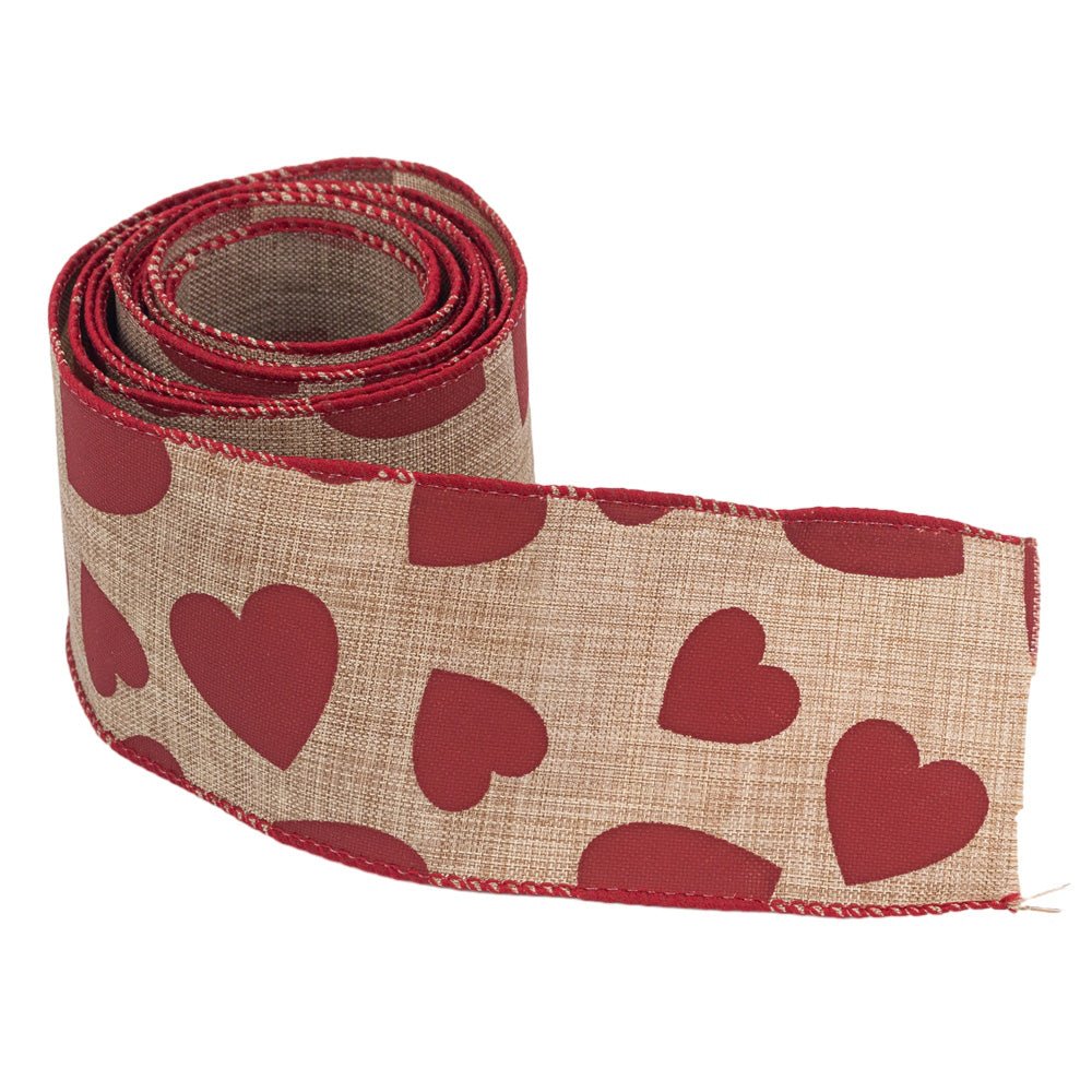 Bandă iută cu inimi - Roșu 6.3cm x 2m
