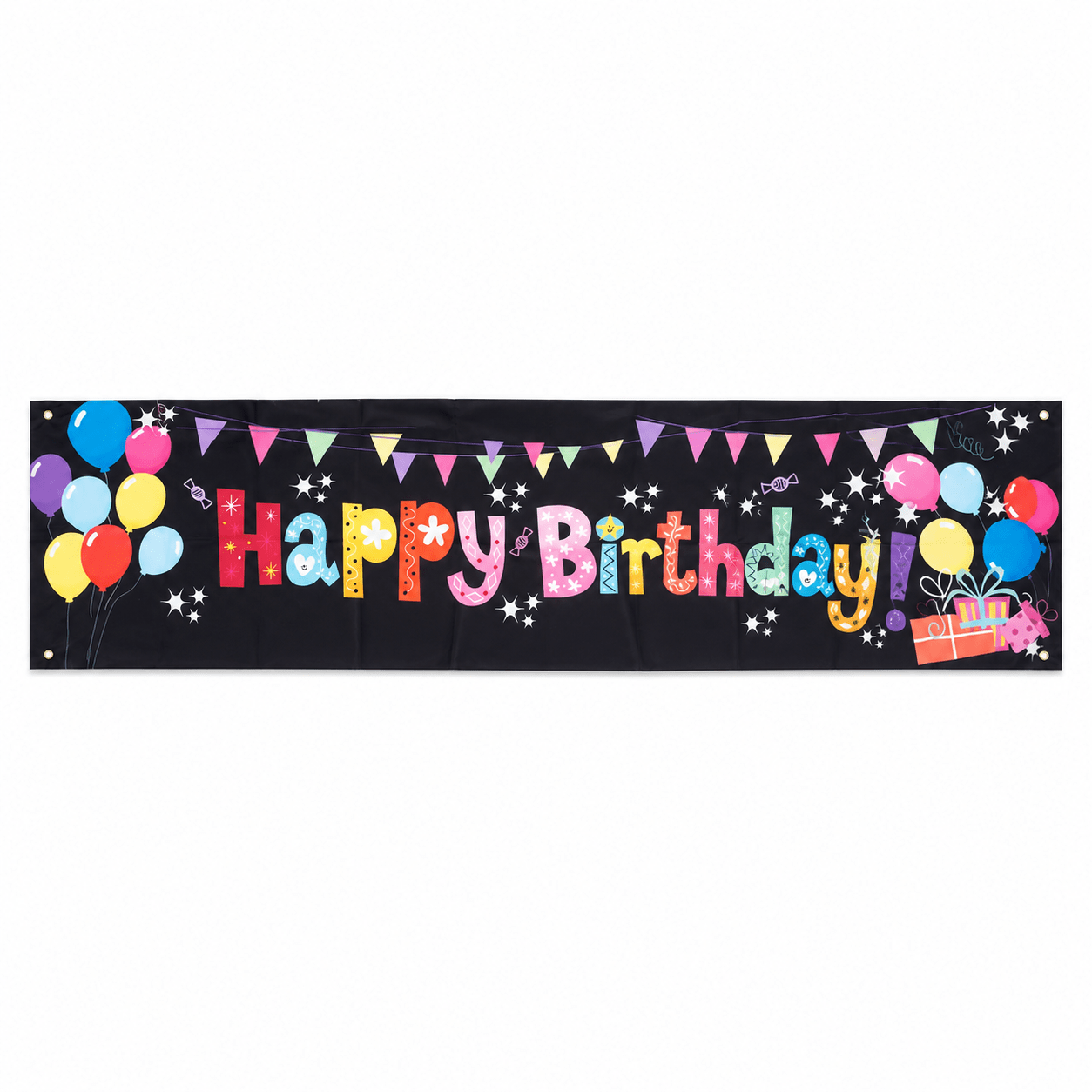 Banner aniversar cu imprimeu Happy Birthday colorat și baloane