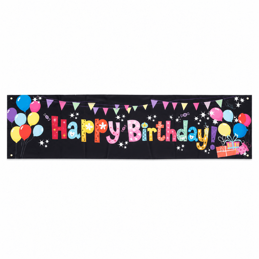 Banner aniversar cu imprimeu Happy Birthday colorat și baloane