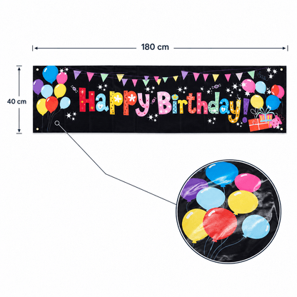 Banner aniversar cu imprimeu Happy Birthday colorat și baloane