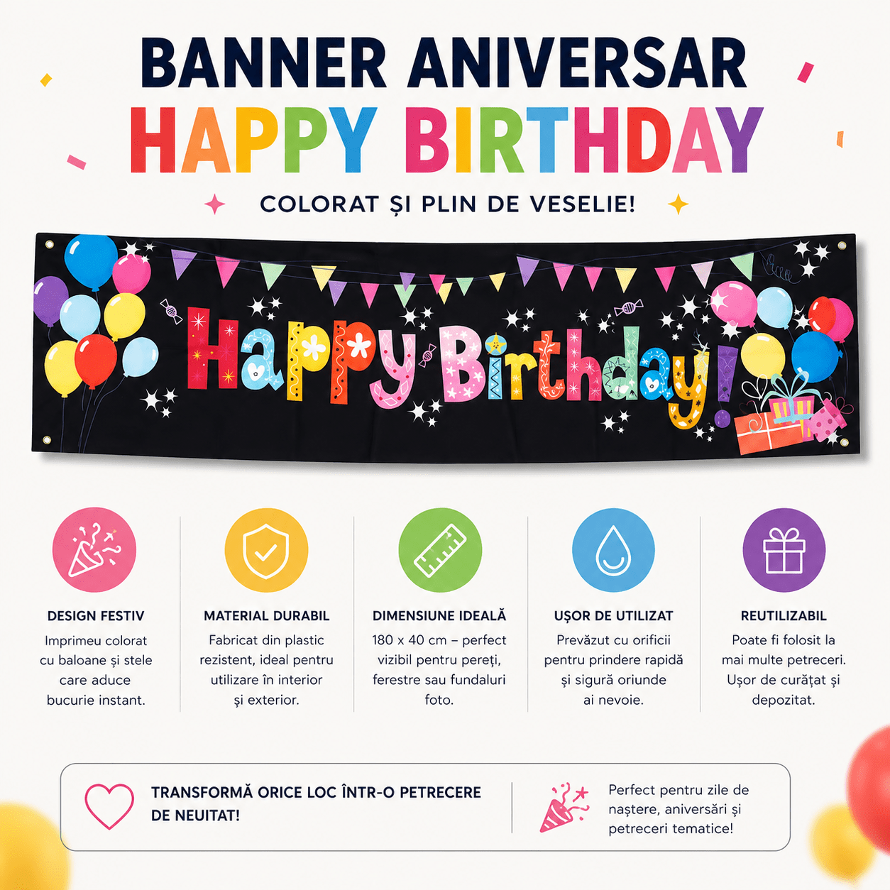 Banner aniversar cu imprimeu Happy Birthday colorat și baloane