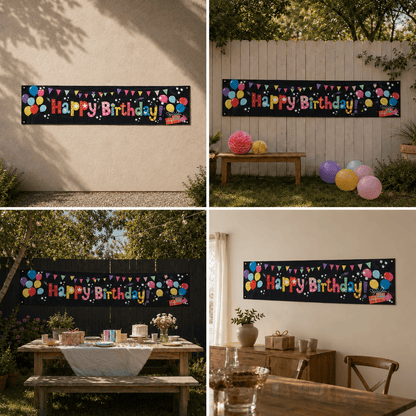 Banner aniversar cu imprimeu Happy Birthday colorat și baloane
