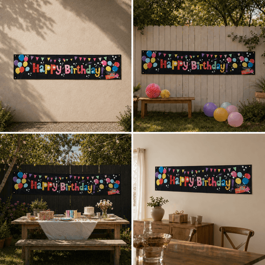 Banner aniversar cu imprimeu Happy Birthday colorat și baloane