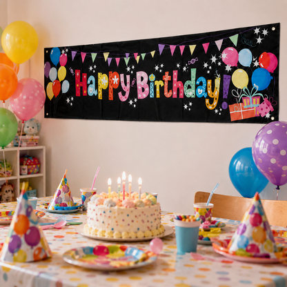 Banner aniversar cu imprimeu Happy Birthday colorat și baloane